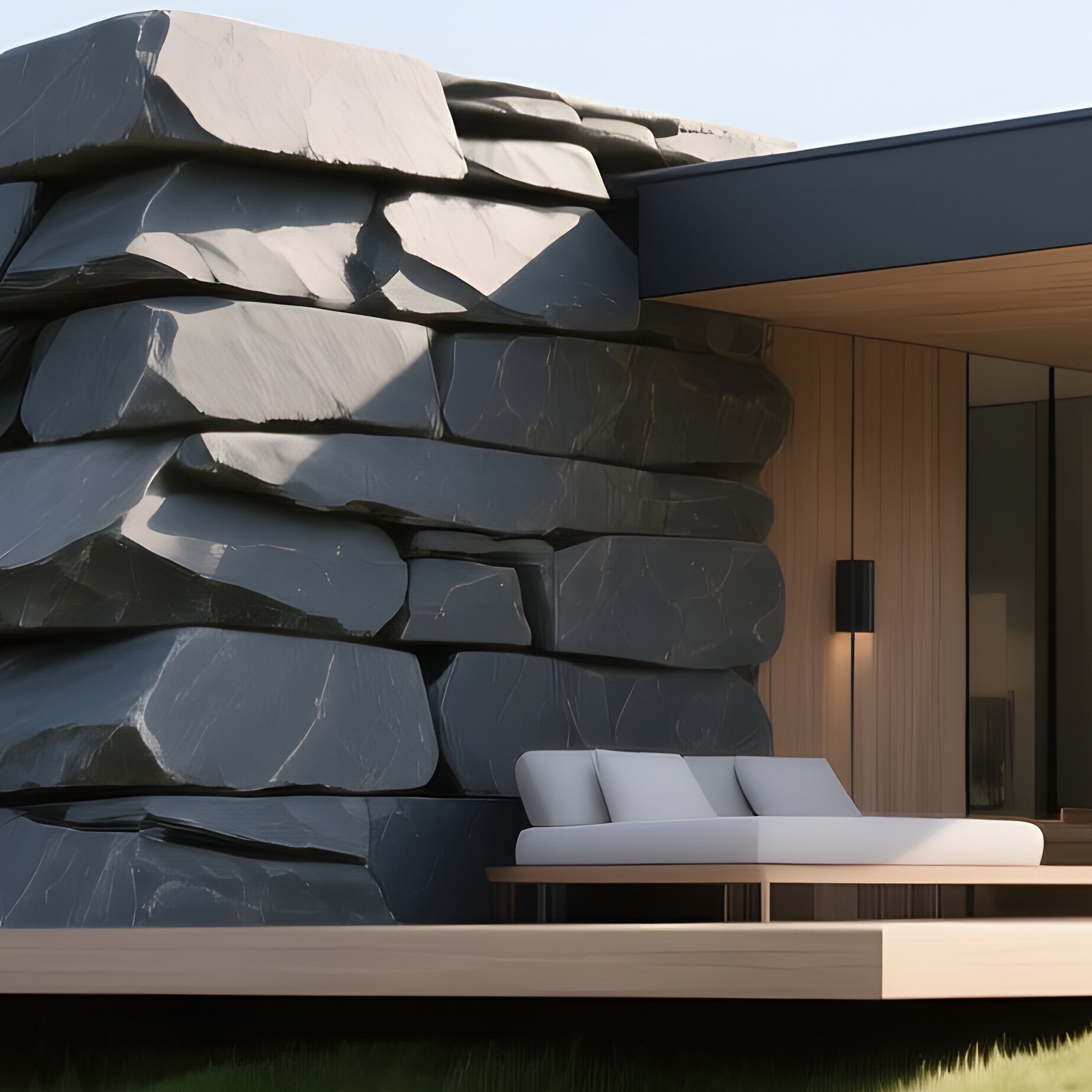 A Modern Minimalist Retreat Of Stacked Slate Slabs And Glass Walls Sits On A Grassy Knoll, - Full Resolution Quality Preview