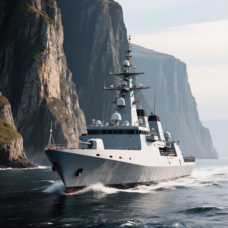 A Modern Naval Craft Cruising Alongside Tall Cliffs