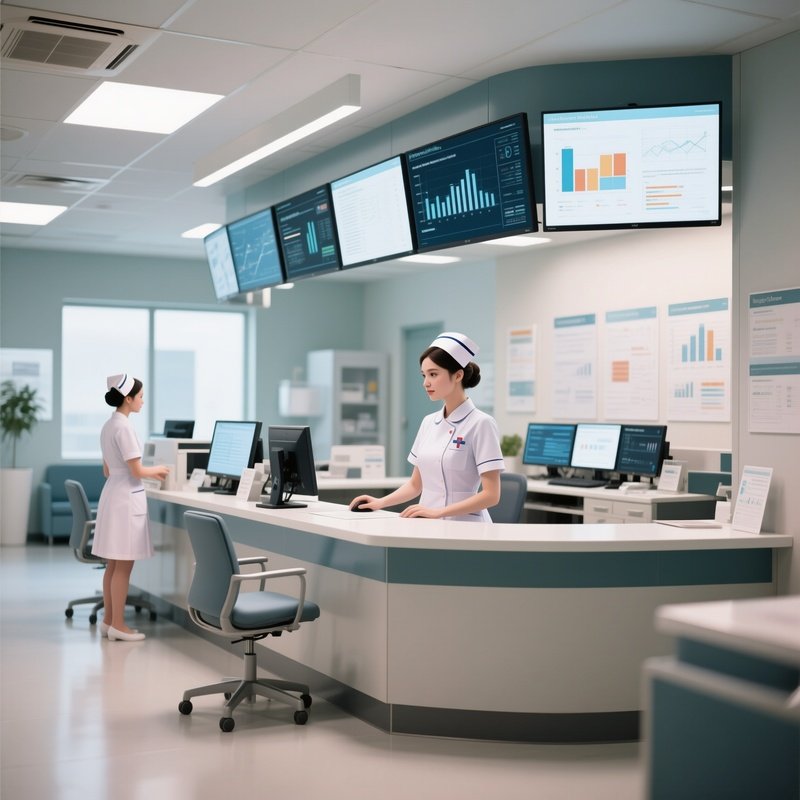A Modern Nurse Station With Multiple Monitors And Charts