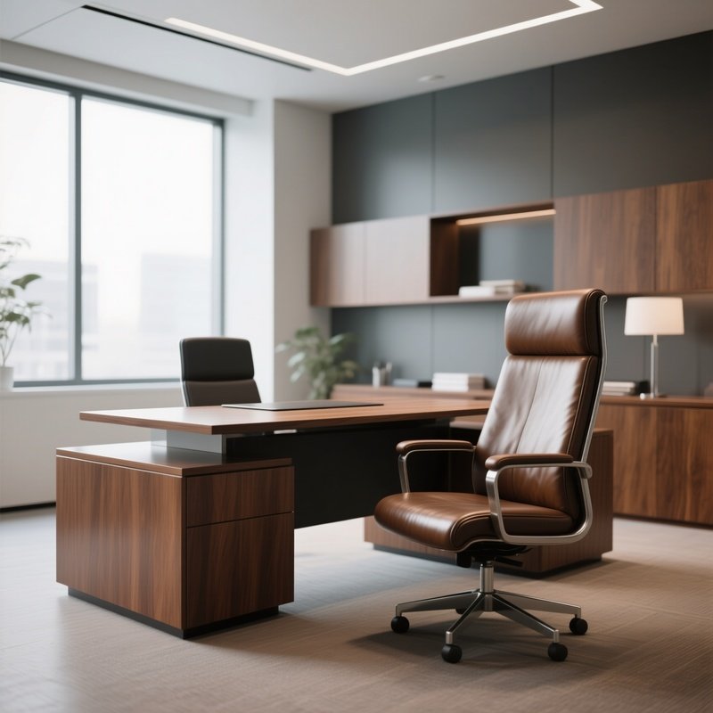 A Modern Office Space With A Sleek Wooden Desk And A Comfortable Leather Chair