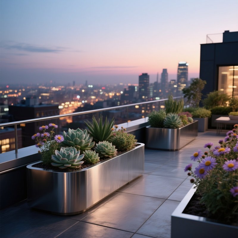 A Modern Rooftop Garden At Dusk With Sleek Metal Planters Holding Succulents And Blooming Asters,
