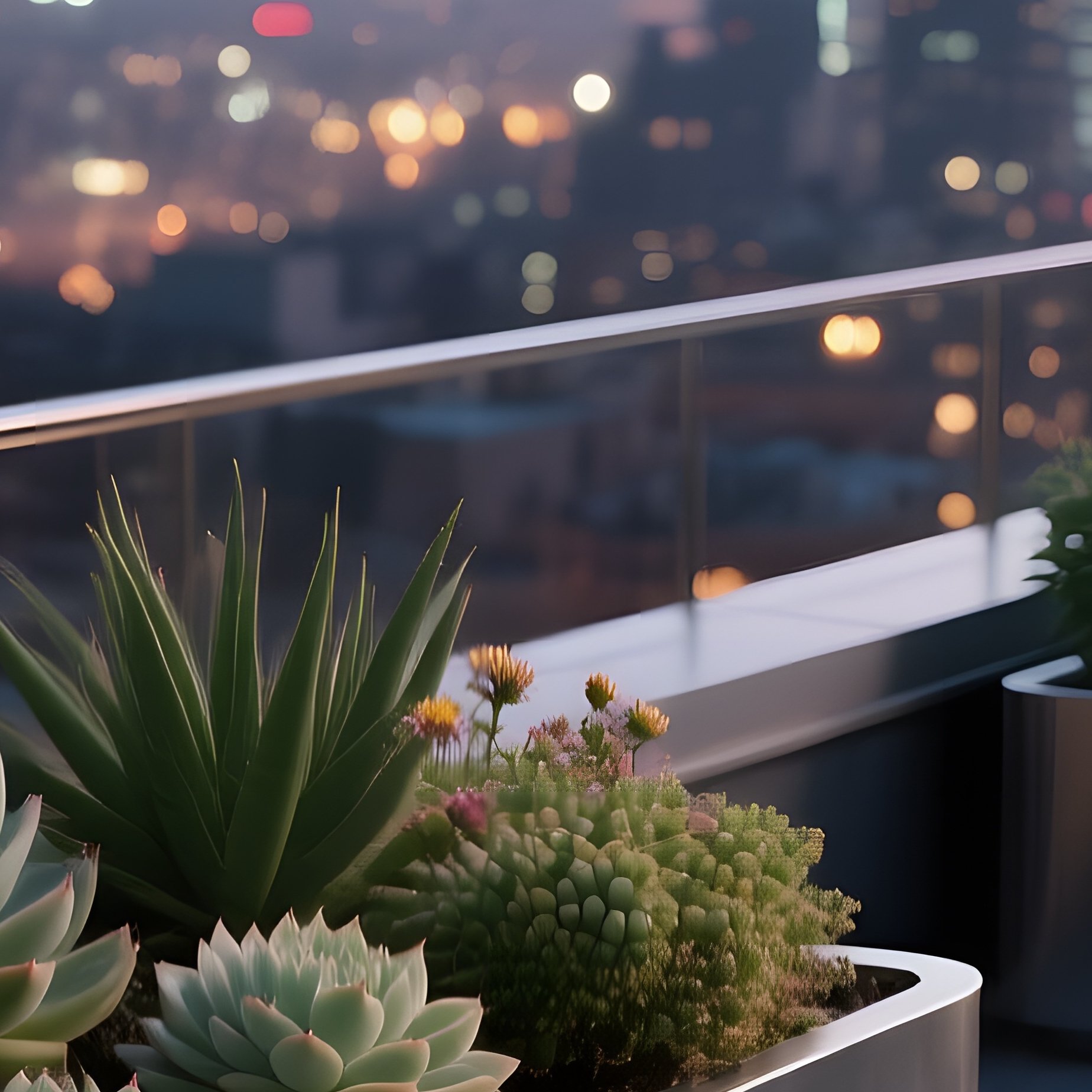 A Modern Rooftop Garden At Dusk With Sleek Metal Planters Holding Succulents And Blooming Asters, - Full Resolution Quality Preview