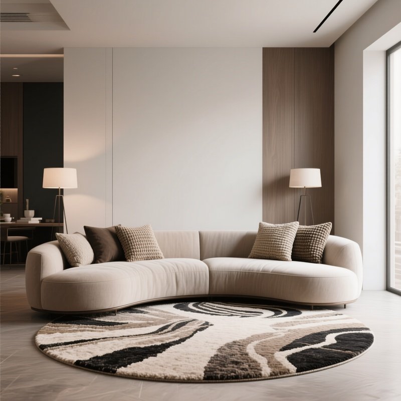 A Modern Sitting Room With A Curved Sofa, Textured Cushions, And A Statement Rug Anchoring The Space