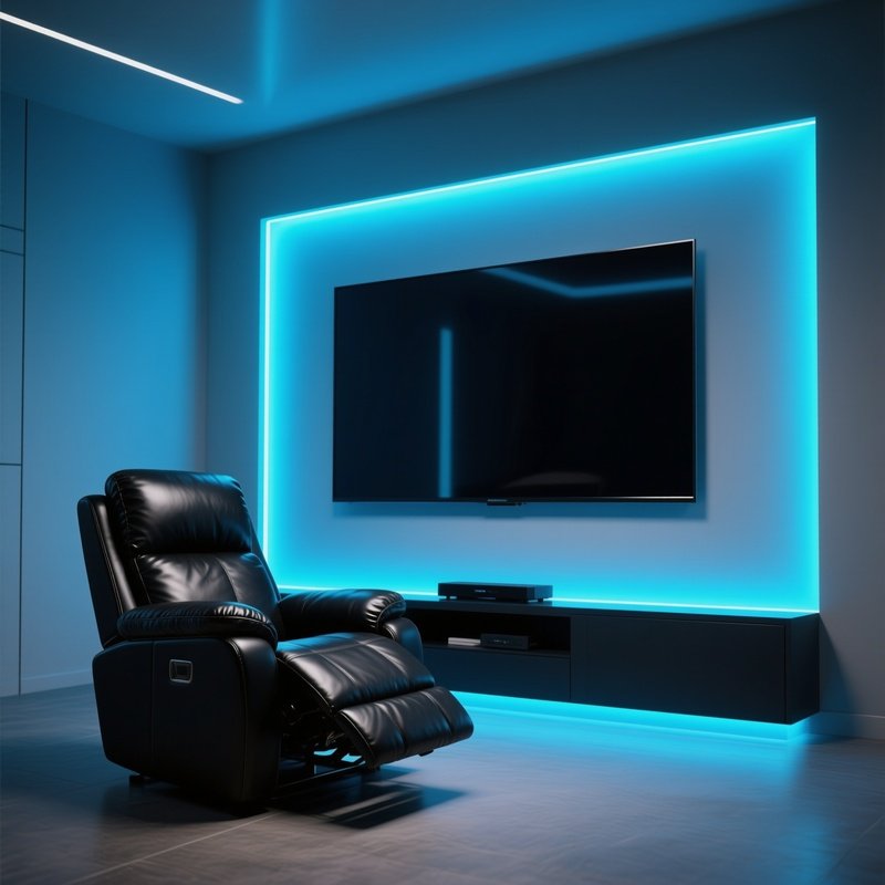 A Modern, Sleek Black Leather Recliner Chair Located In A High Tech Media Room, Featuring Ambient Blue Led Strip Lighting Installed Behind A Large Wall Mounted Tv Screen.