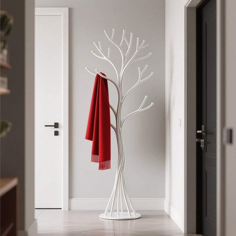 A Modern, Tree Shaped Coat Rack Made Of White Metal, Standing In A Minimalist Foyer, Holding A Single Bright Red Scarf.