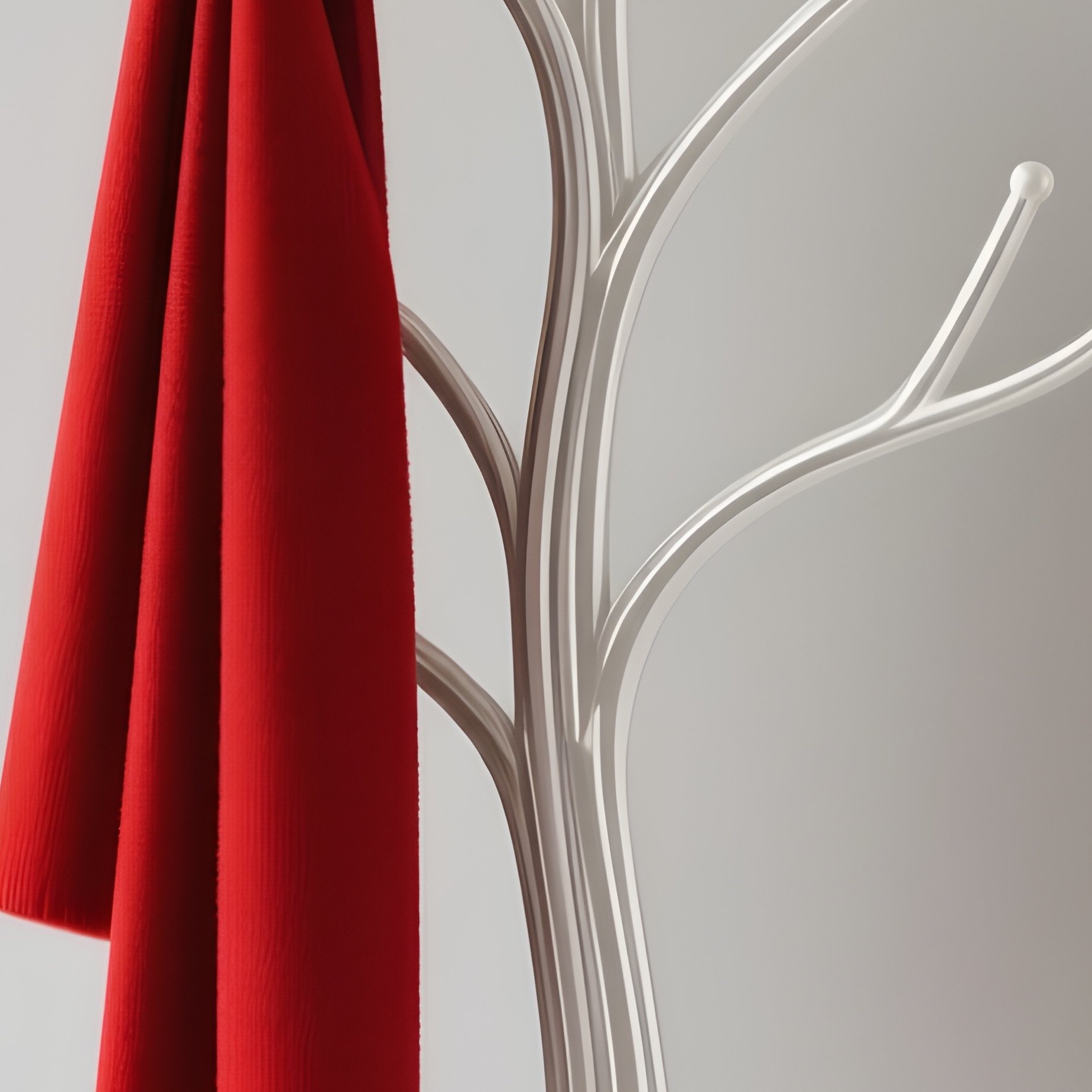 A Modern, Tree Shaped Coat Rack Made Of White Metal, Standing In A Minimalist Foyer, Holding A Single Bright Red Scarf. - Full Resolution Quality Preview