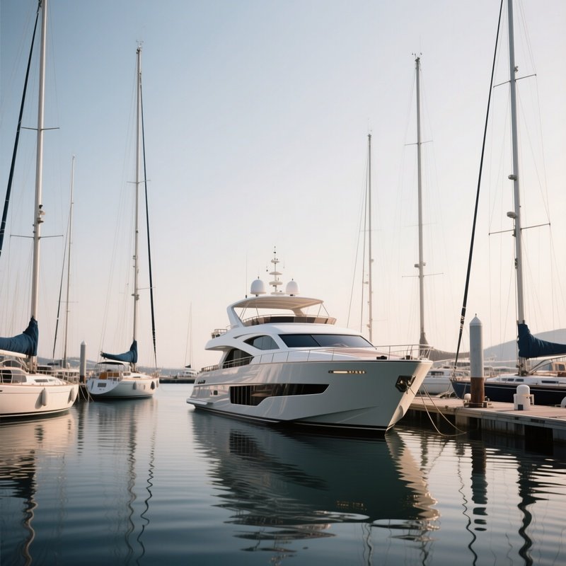A Modern Yacht Leaving A Marina Surrounded By Tall Masts