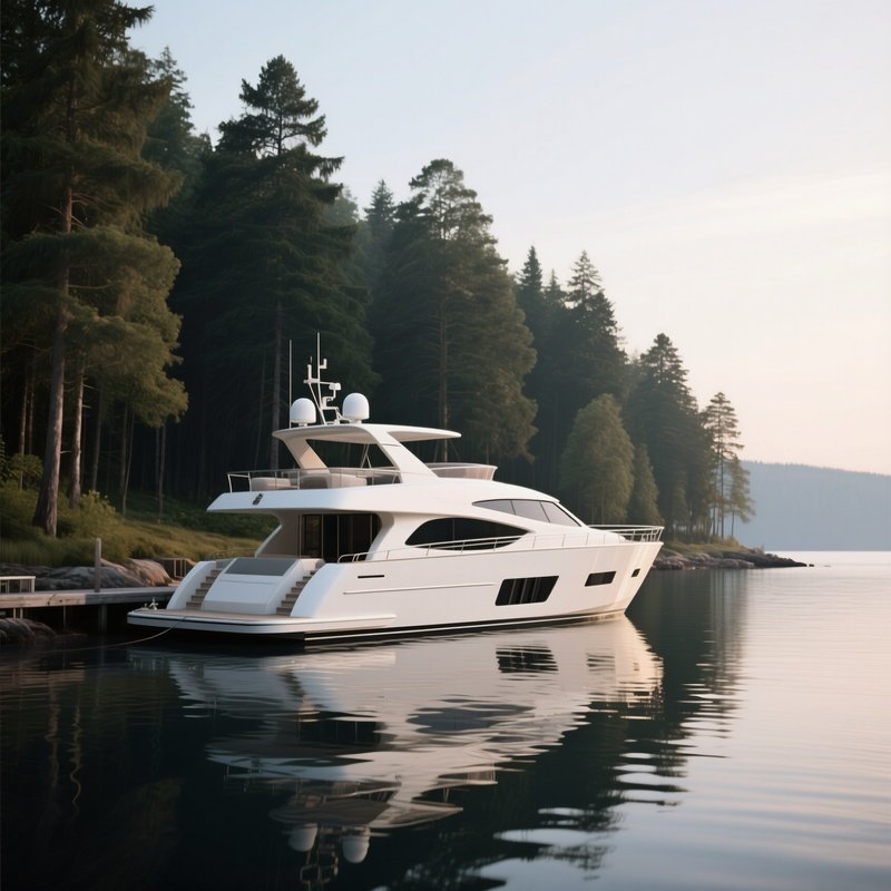 A Modern Yacht Moored Quietly Beside A Forested Shoreline