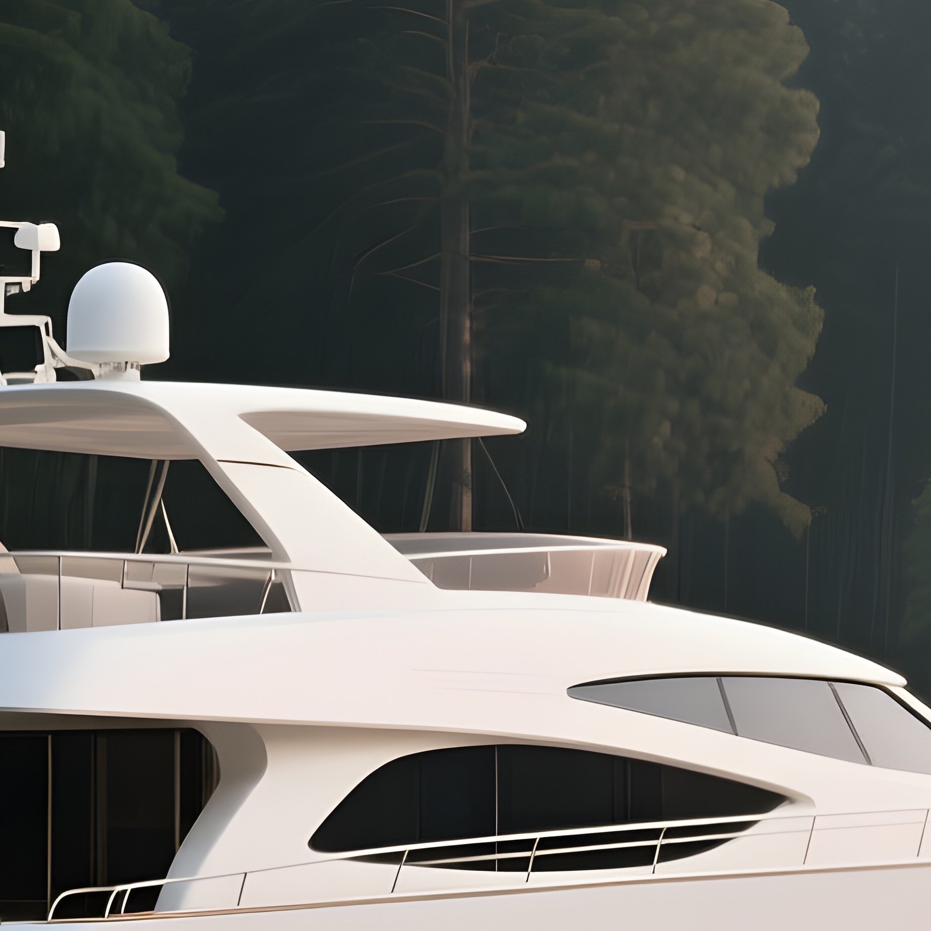 A Modern Yacht Moored Quietly Beside A Forested Shoreline - Full Resolution Quality Preview