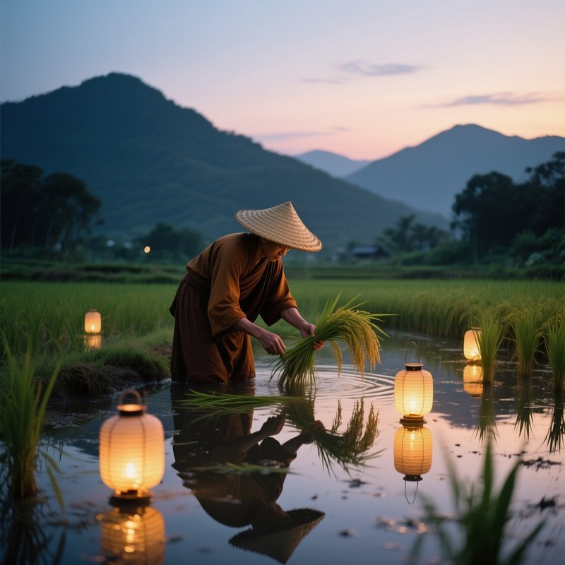 A Monk In A Simple Straw Hat Tends To Rice Paddies At Twilight, Lanterns Glowing Softly Among The