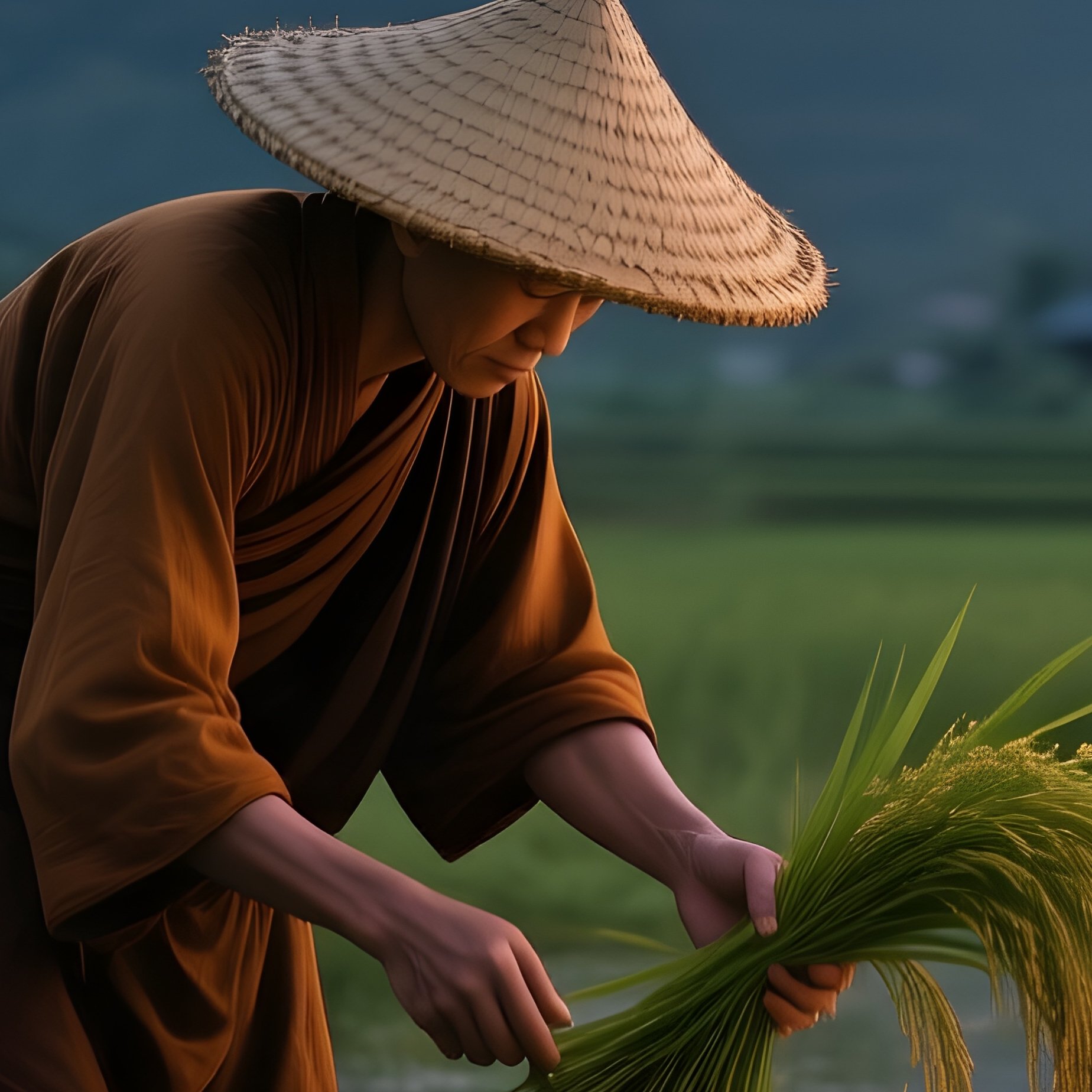 A Monk In A Simple Straw Hat Tends To Rice Paddies At Twilight, Lanterns Glowing Softly Among The - Full Resolution Quality Preview