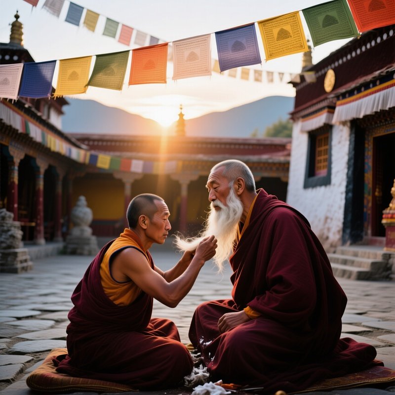 A Monk In A Tibetan Monastery Shaves His Long White Beard As Part Of A Ritual, Sunrise Illuminating