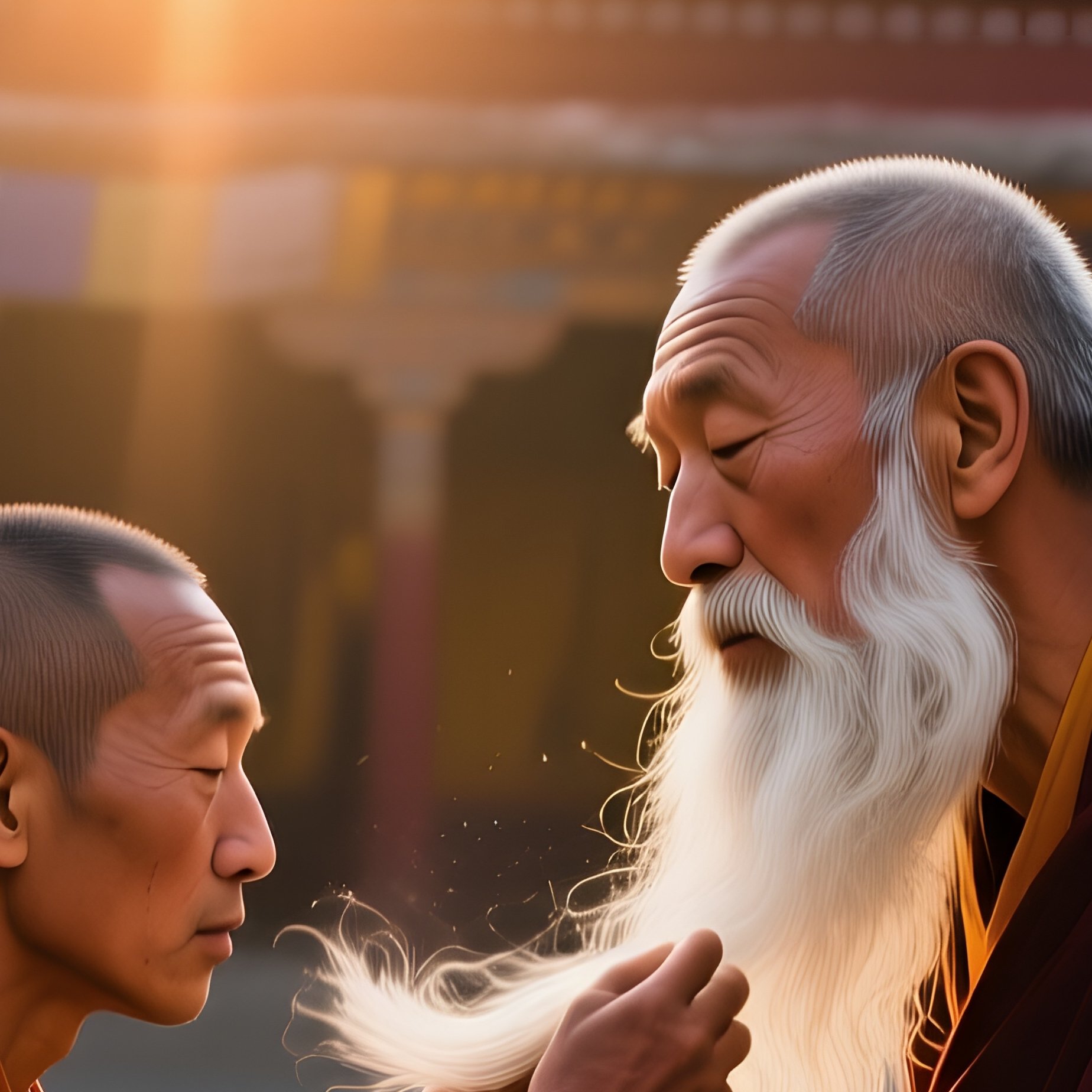A Monk In A Tibetan Monastery Shaves His Long White Beard As Part Of A Ritual, Sunrise Illuminating - Full Resolution Quality Preview