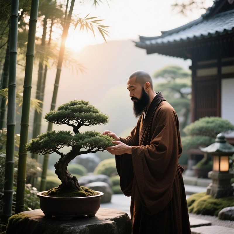 A Monk In A Tranquil Zen Garden Tends Bonsai Trees, His Smooth Black Beard Softly Illuminated By