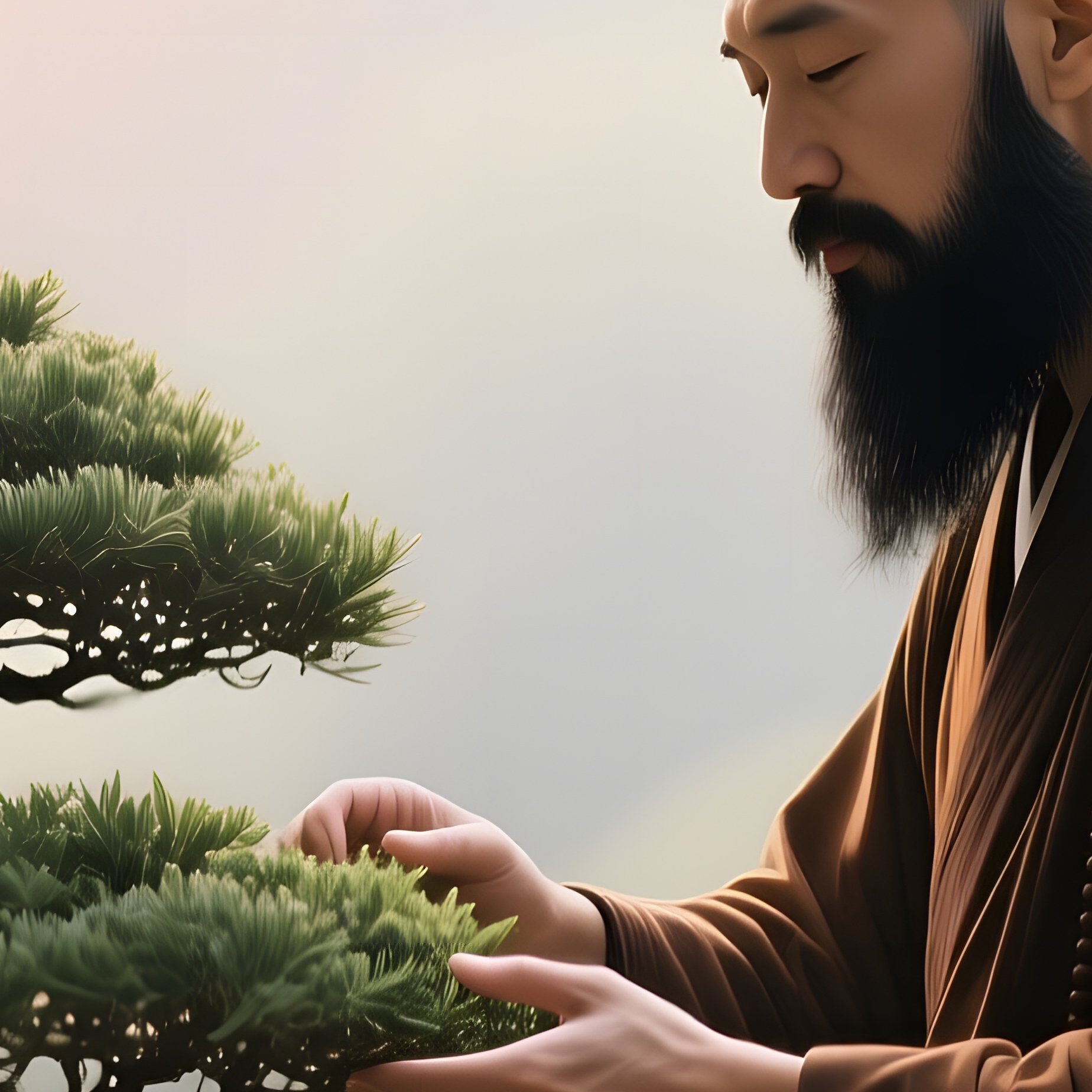 A Monk In A Tranquil Zen Garden Tends Bonsai Trees, His Smooth Black Beard Softly Illuminated By - Full Resolution Quality Preview