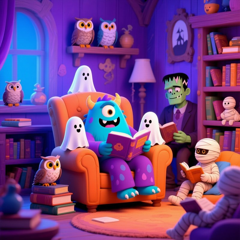 A Monster Reading A Book To Ghost Children Monster Ghosts