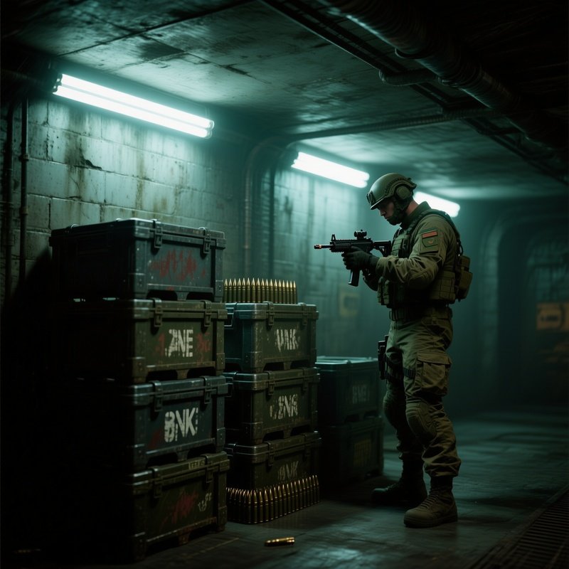 A Moody Underground Bunker Lit By Flickering Fluorescent Tubes, Stacks Of Metal Ammunition Crates
