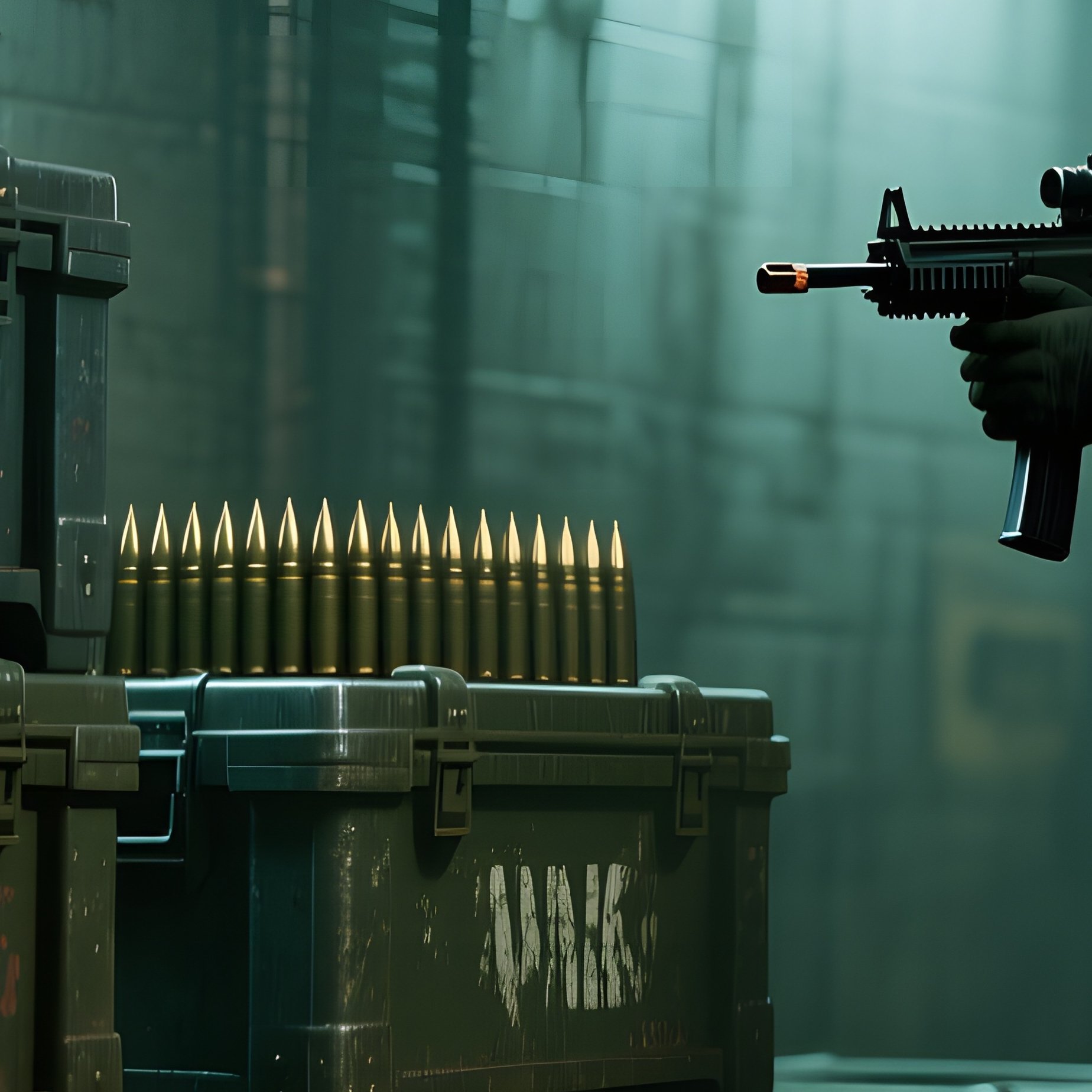 A Moody Underground Bunker Lit By Flickering Fluorescent Tubes, Stacks Of Metal Ammunition Crates - Full Resolution Quality Preview