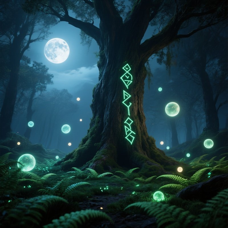 A Moon‑Lit Clearing With A Giant Ancient Tree Whose Bark Is Etched With Glowing Runes, Surrounded