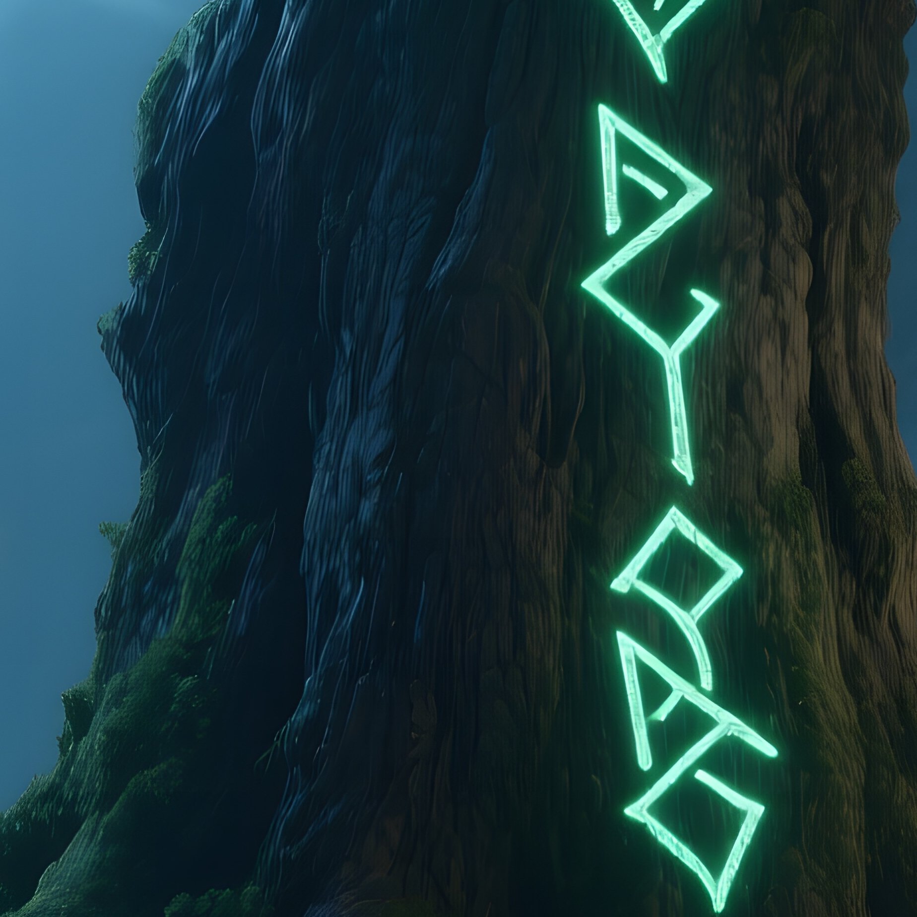 A Moon‑Lit Clearing With A Giant Ancient Tree Whose Bark Is Etched With Glowing Runes, Surrounded - Full Resolution Quality Preview