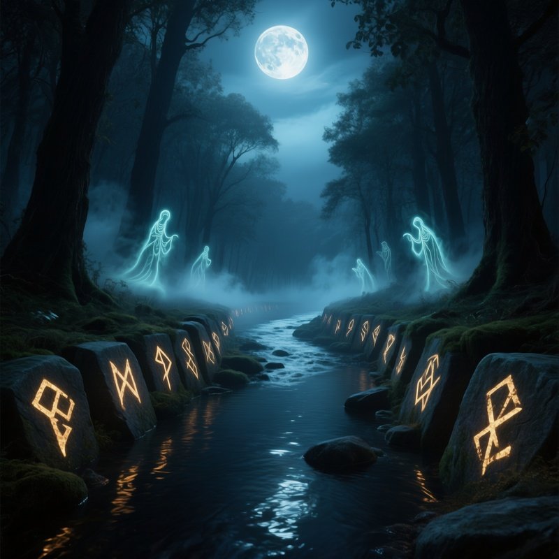 A Moon‑Lit Enchanted River Winding Through A Dark Wood, Its Banks Lined With Glowing Runes Carved