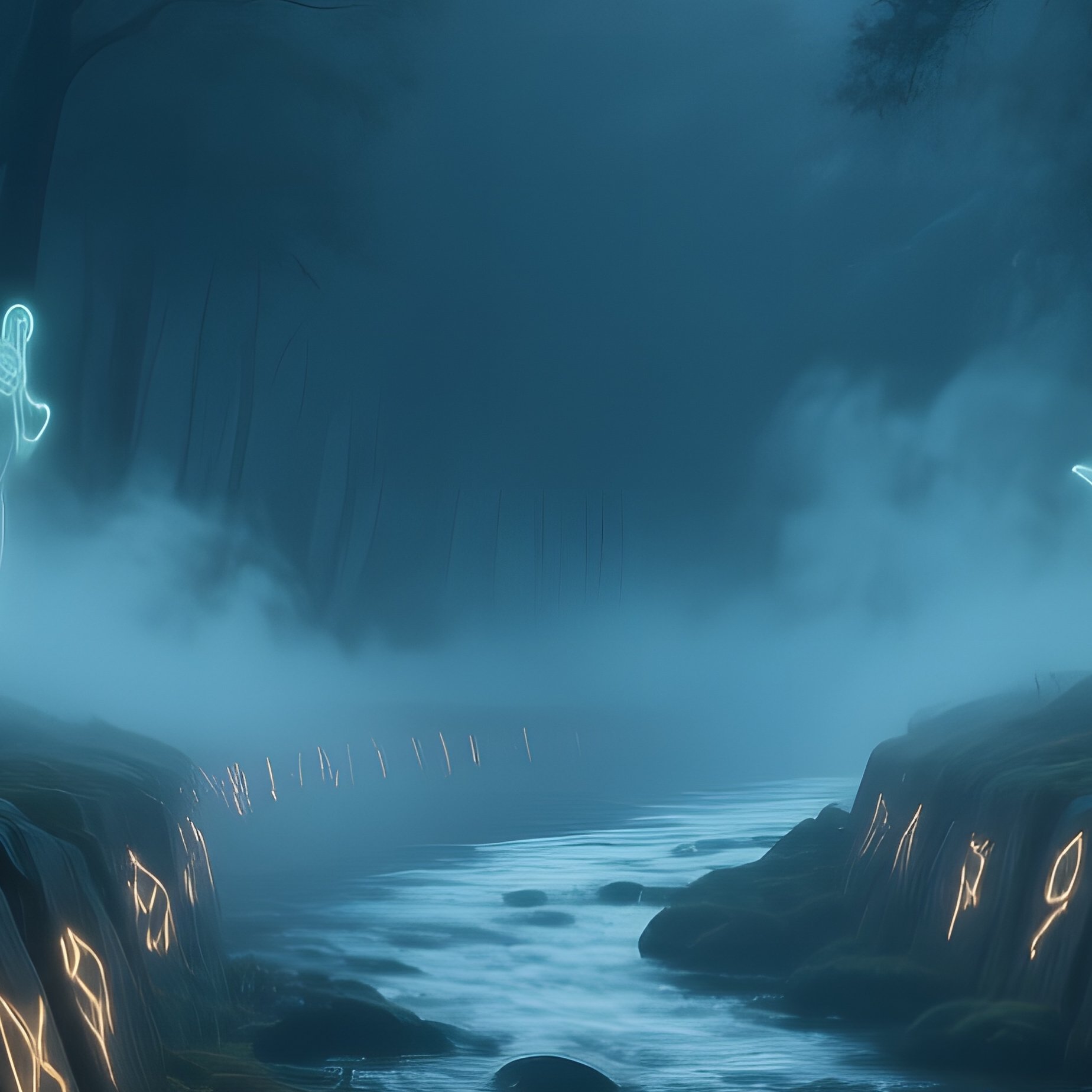 A Moon‑Lit Enchanted River Winding Through A Dark Wood, Its Banks Lined With Glowing Runes Carved - Full Resolution Quality Preview