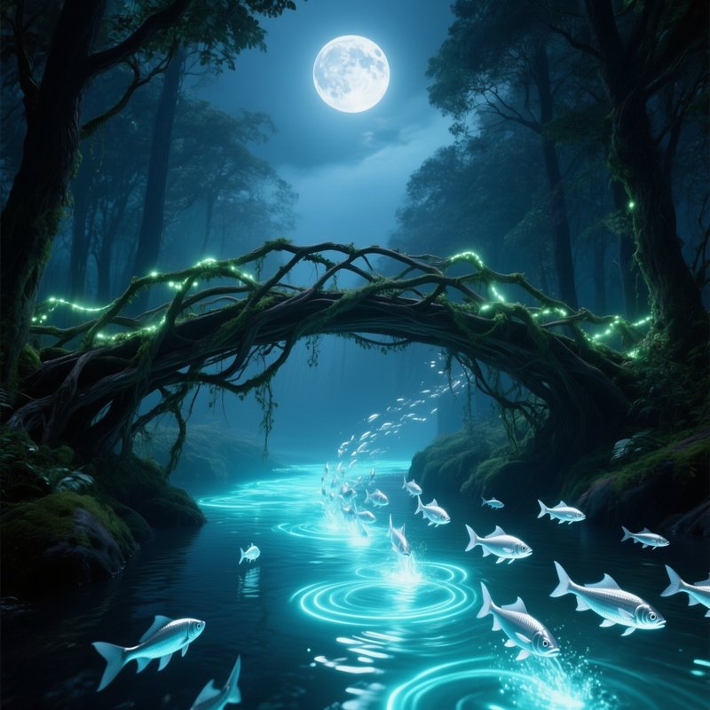 A Moon‑Lit Forest Bridge Made Of Intertwined Branches And Glowing Vines, Spanning A Luminous River