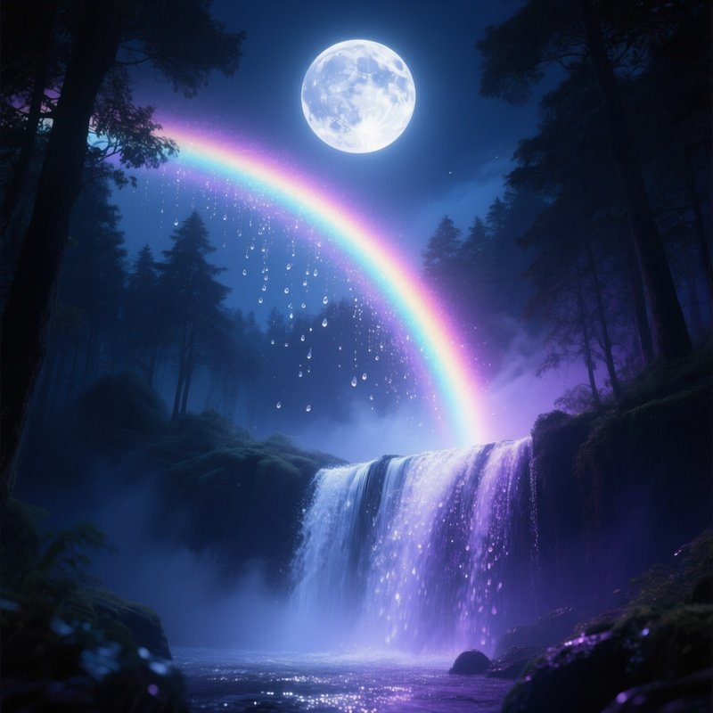 A Moonbow Arching Over A Waterfall Under Full Moon