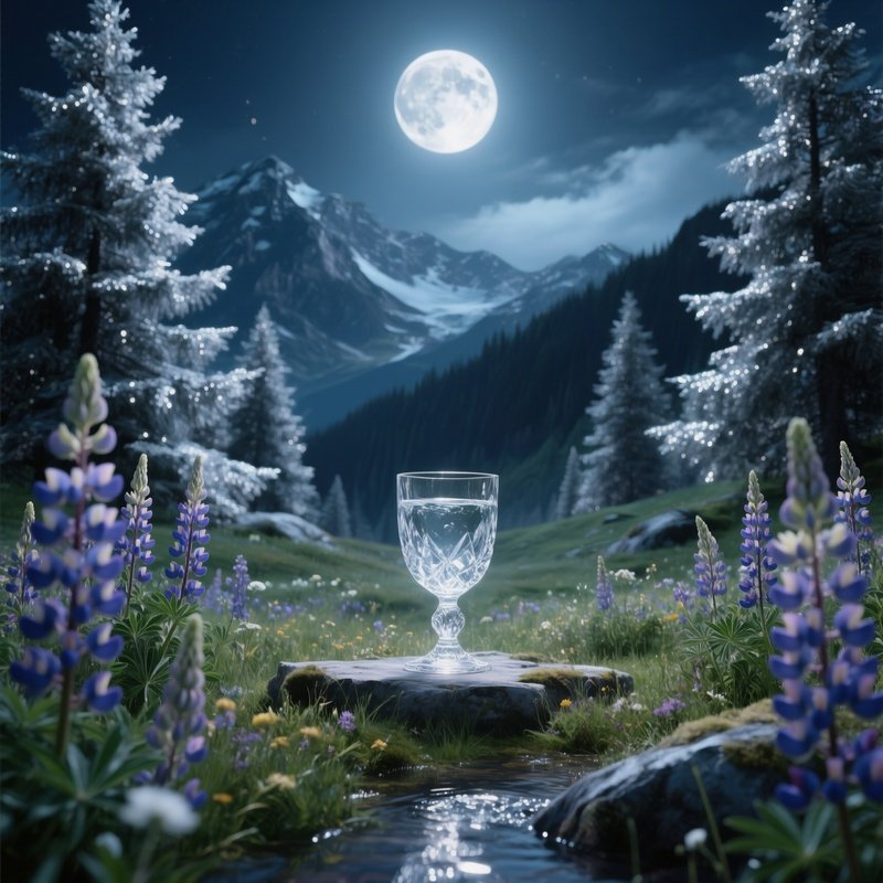 A Moonlit Alpine Meadow Altar Surrounded By Wild Lupines, Silvered Pine Trees Glistening, A Crystal