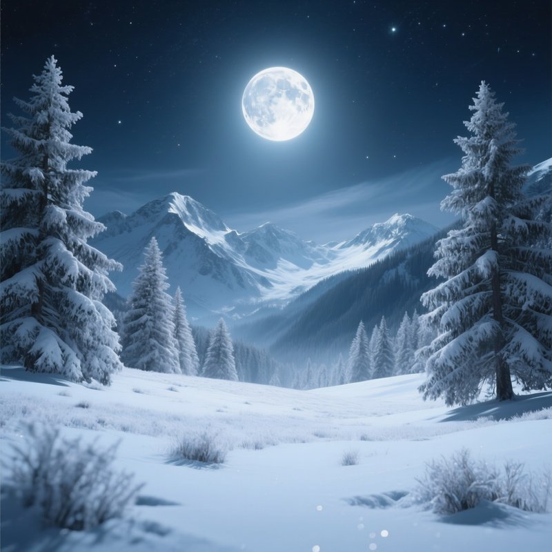 A Moonlit Alpine Meadow Blanketed In Snow, Illuminated By Silver Lunar Glow, Pine Trees Frosted