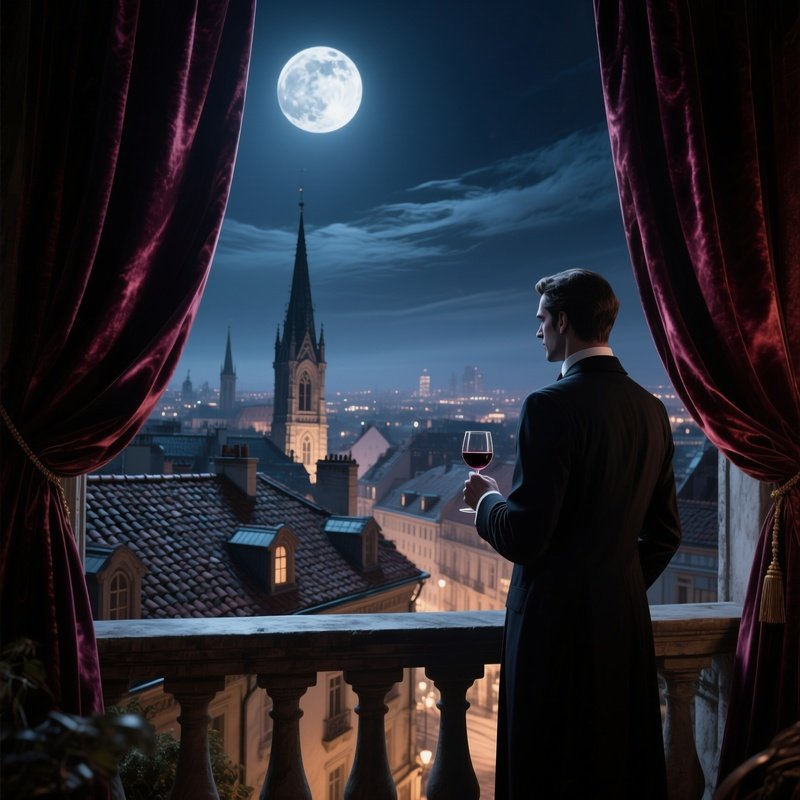 A Moonlit Balcony Overlooking A Cityscape Of Tiled Roofs And Spires, Velvet Drapes Billowing In The