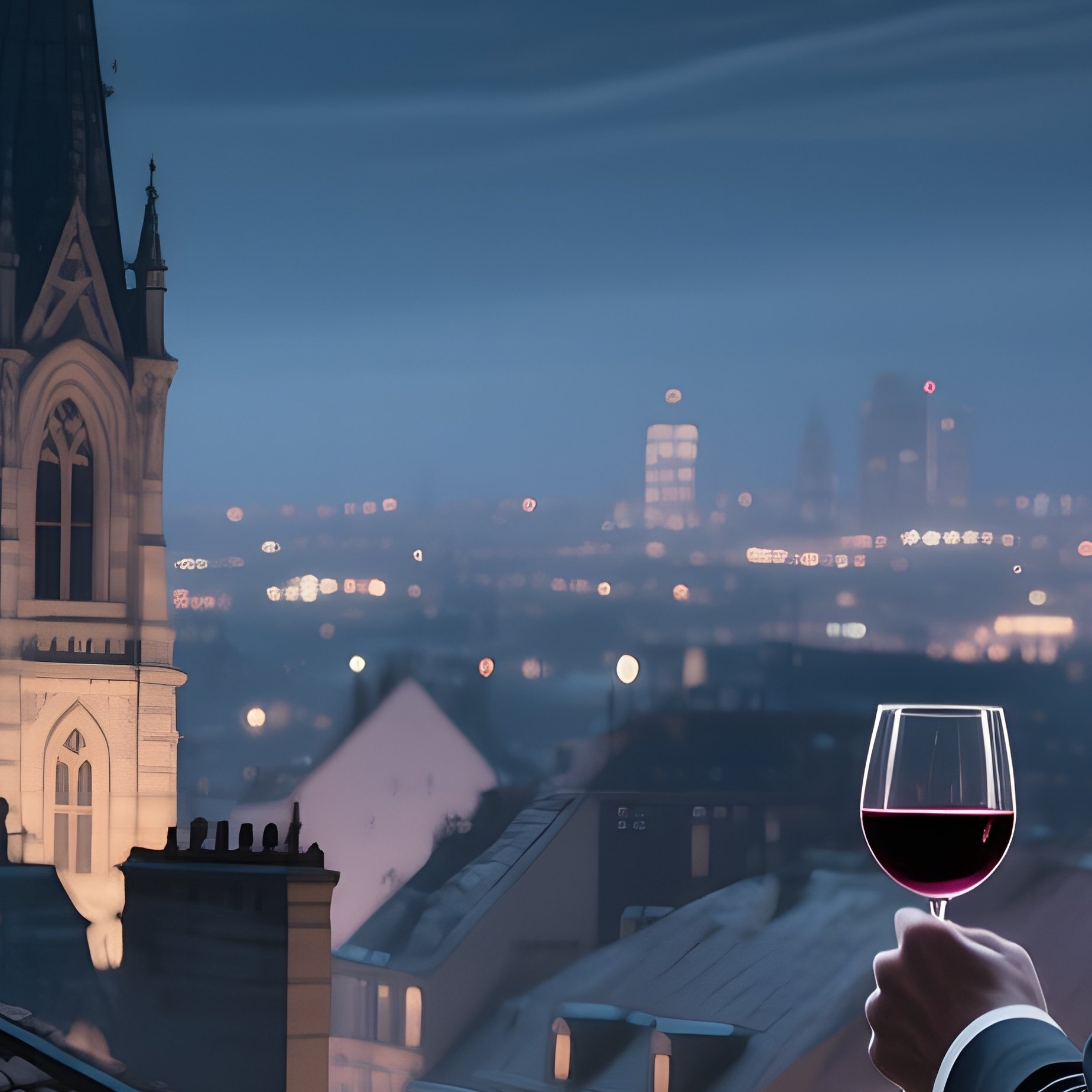 A Moonlit Balcony Overlooking A Cityscape Of Tiled Roofs And Spires, Velvet Drapes Billowing In The - Full Resolution Quality Preview