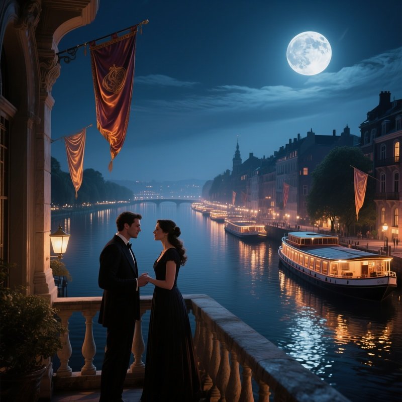 A Moonlit Balcony Overlooking A River Lined With Illuminated Barges, Silk Banners Fluttering, And A