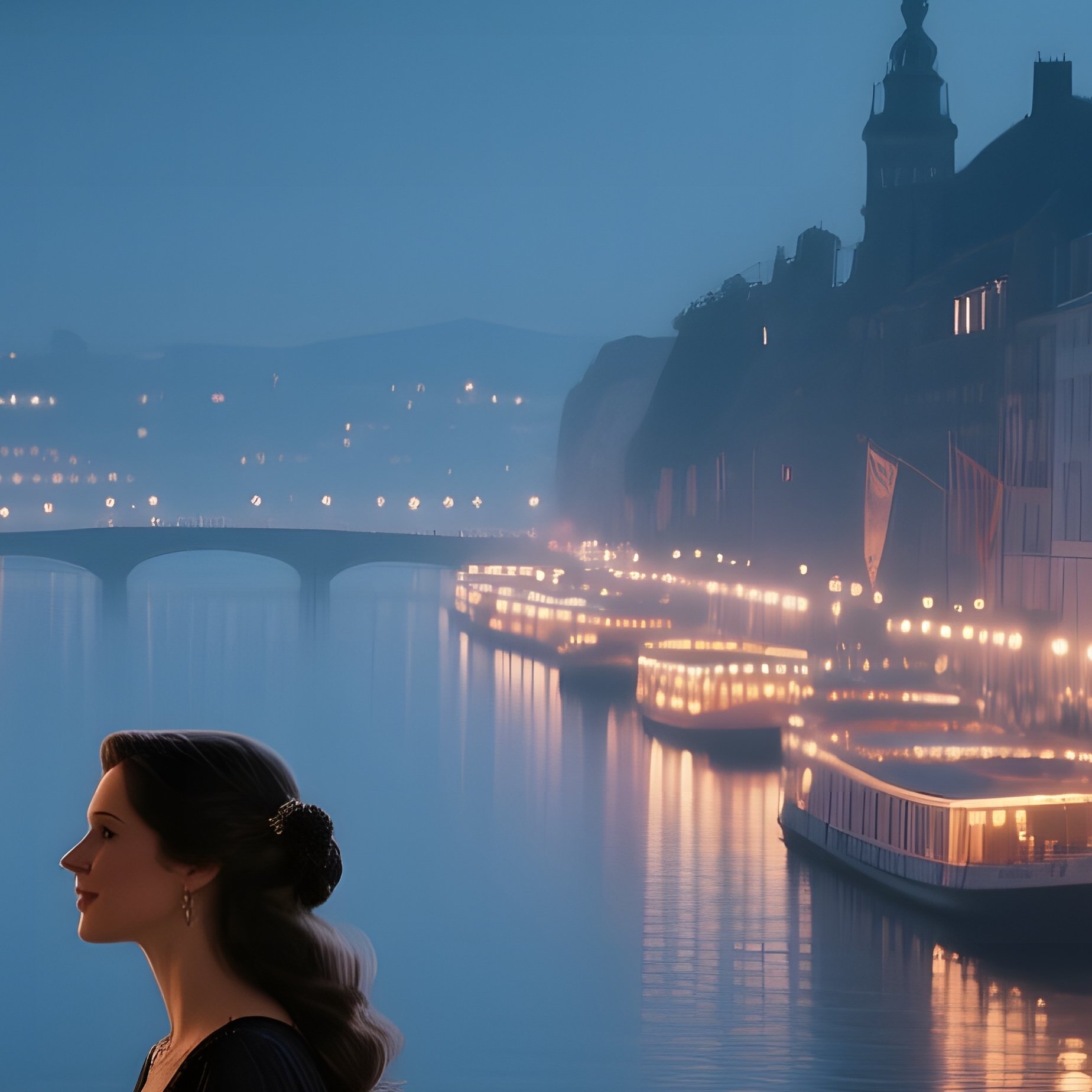 A Moonlit Balcony Overlooking A River Lined With Illuminated Barges, Silk Banners Fluttering, And A - Full Resolution Quality Preview