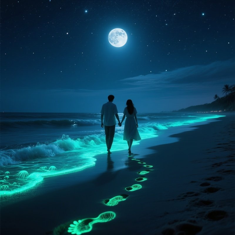 A Moonlit Beach At Midnight With Two Lovers Walking Hand‑Inhand Along Phosphorescent Waves, Their