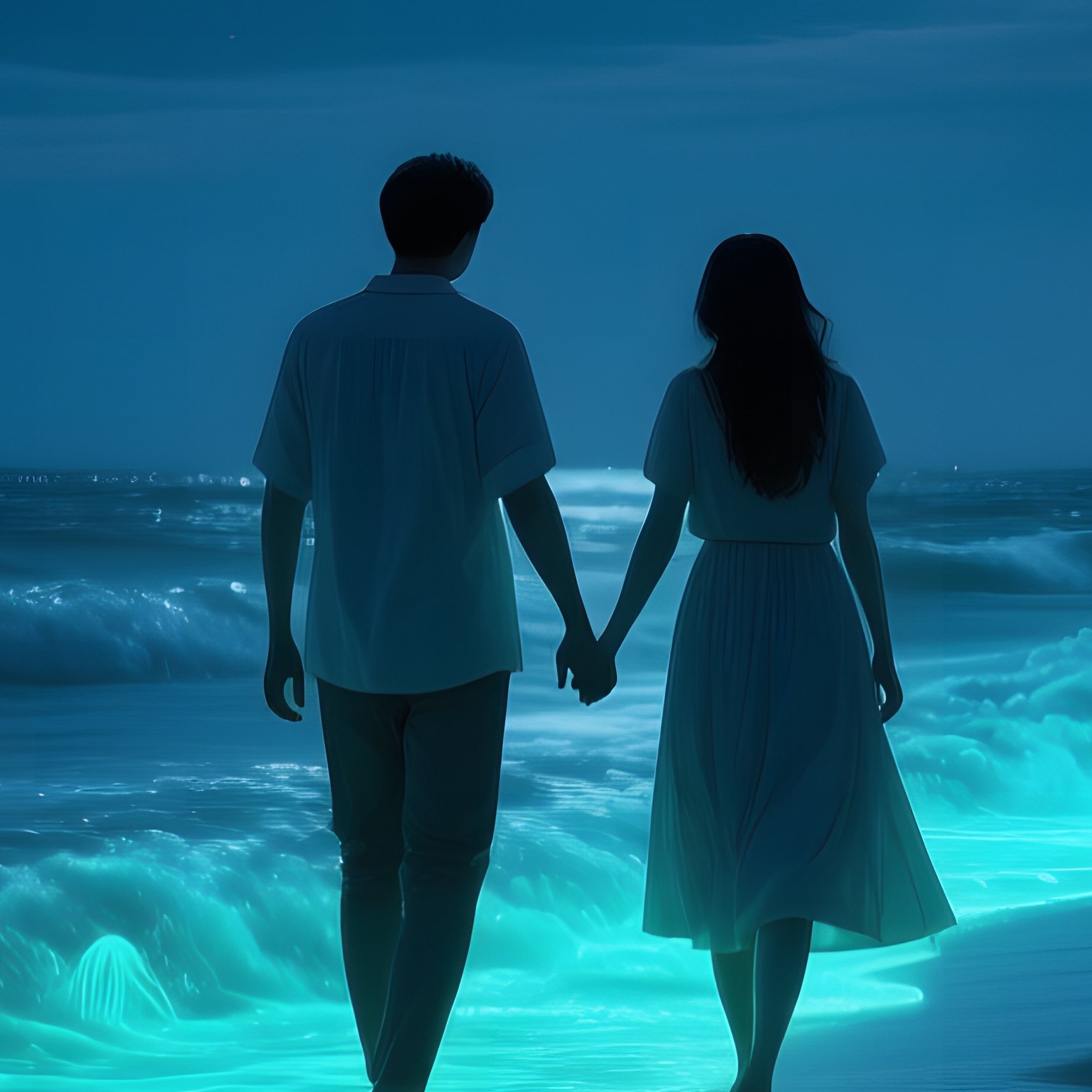 A Moonlit Beach At Midnight With Two Lovers Walking Hand‑Inhand Along Phosphorescent Waves, Their - Full Resolution Quality Preview