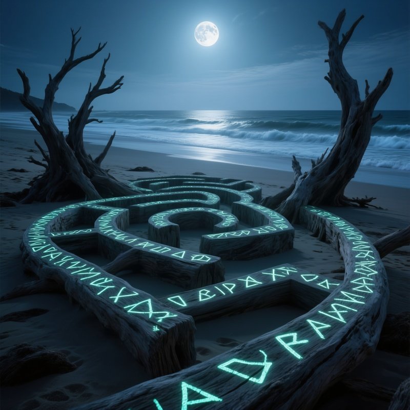A Moonlit Beach Where Massive Driftwood Sculptures Form A Labyrinth, Their Surfaces Etched With