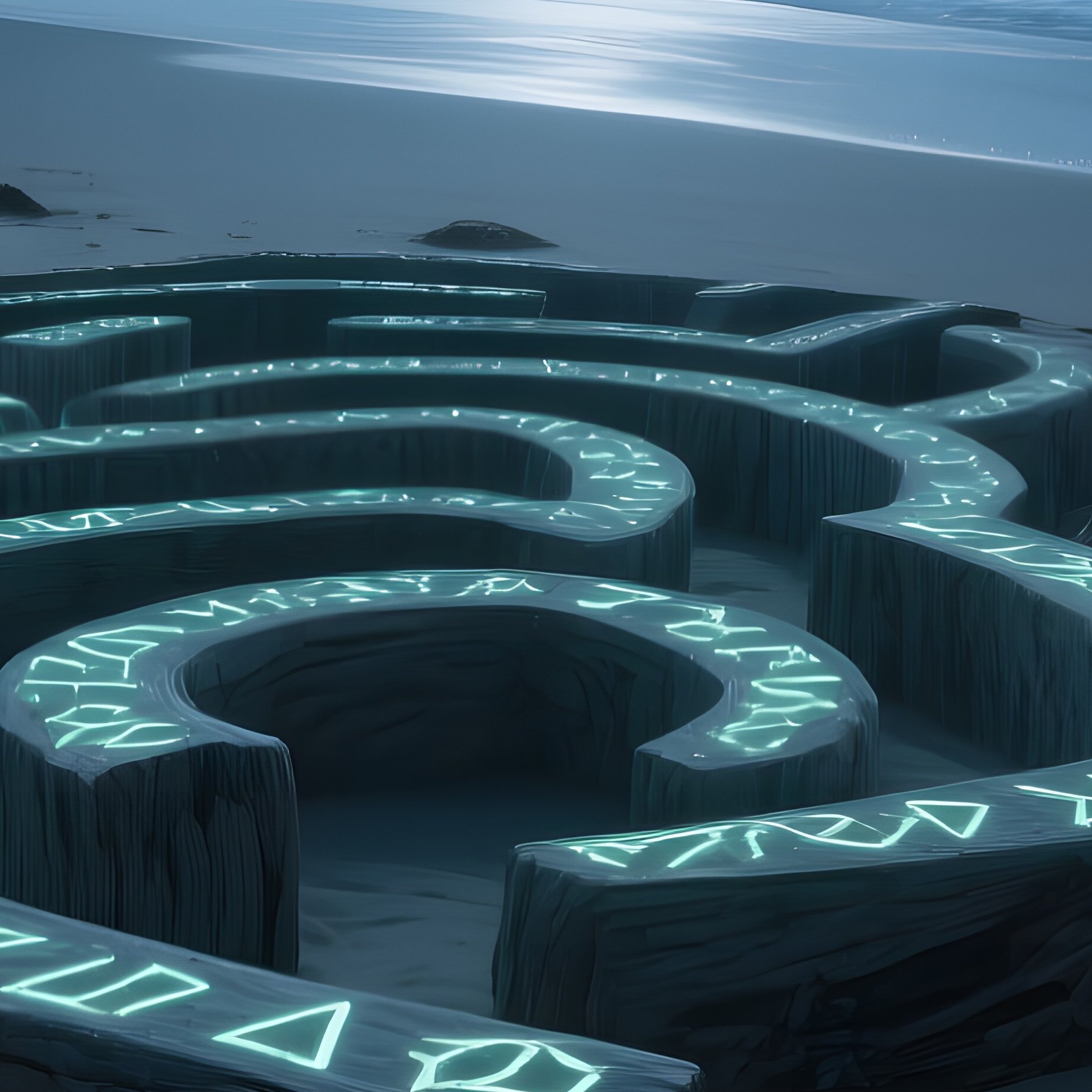 A Moonlit Beach Where Massive Driftwood Sculptures Form A Labyrinth, Their Surfaces Etched With - Full Resolution Quality Preview