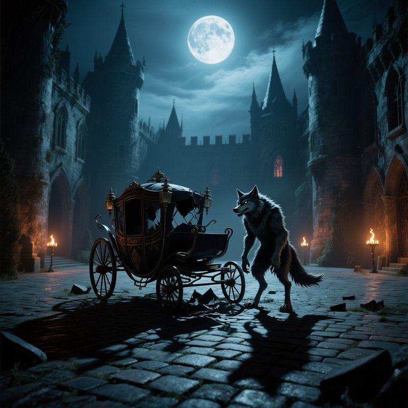 A Moonlit Castle Courtyard Where The Big Bad Wolf Stands Beside A Broken Carriage, Shadows