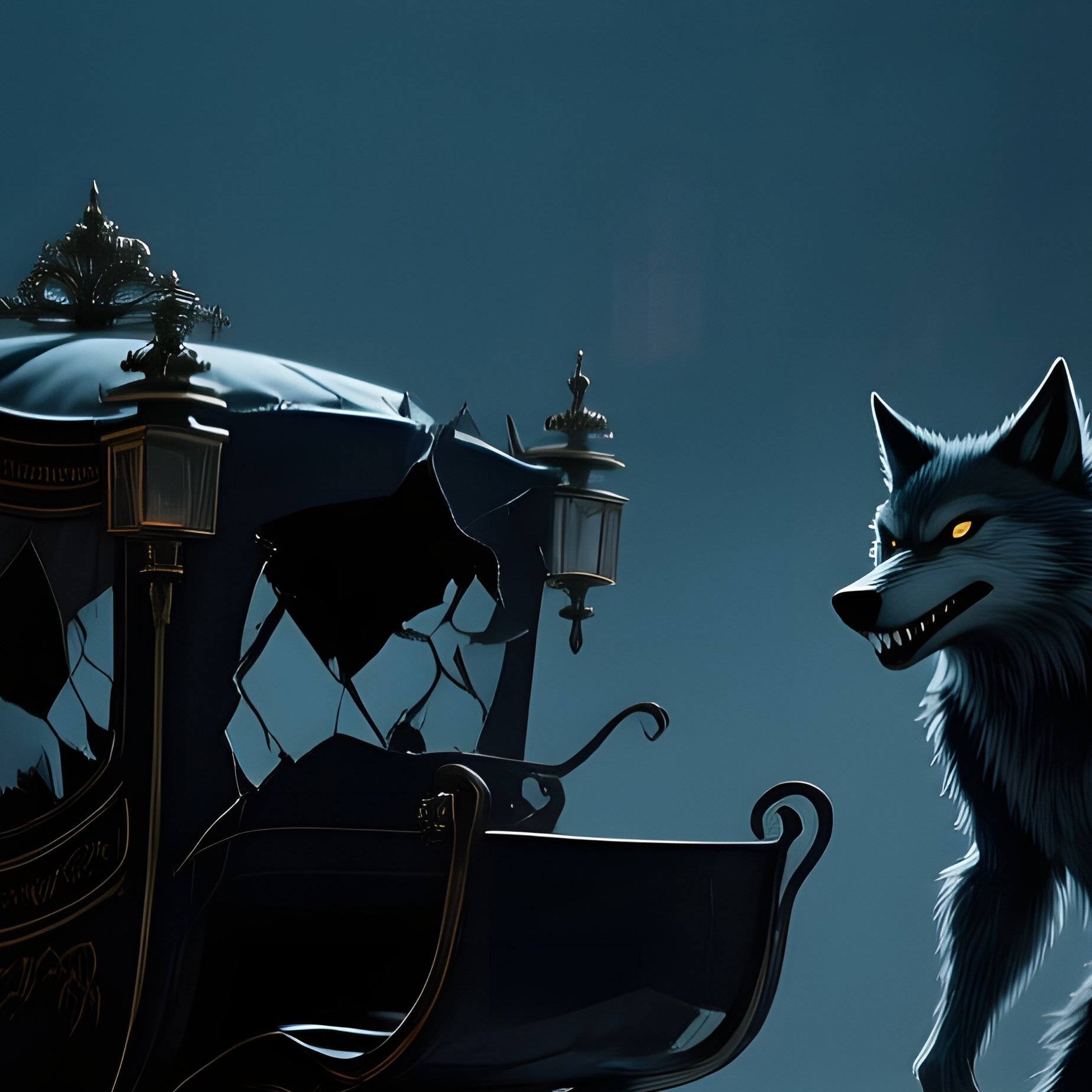 A Moonlit Castle Courtyard Where The Big Bad Wolf Stands Beside A Broken Carriage, Shadows - Full Resolution Quality Preview