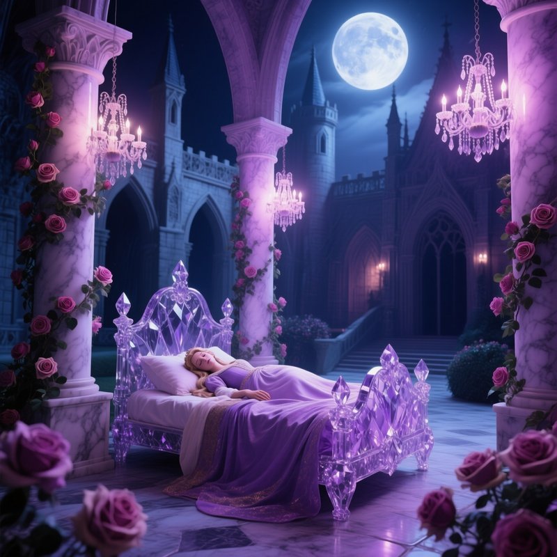 A Moonlit Courtyard Inside A Gothic Castle Where Sleeping Beauty Lies On A Crystal Bed, Roses