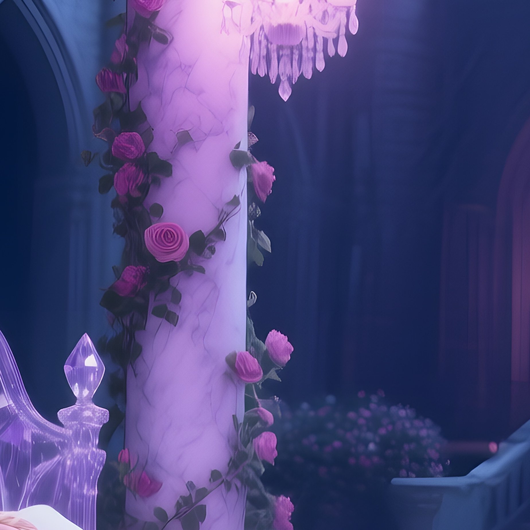 A Moonlit Courtyard Inside A Gothic Castle Where Sleeping Beauty Lies On A Crystal Bed, Roses - Full Resolution Quality Preview