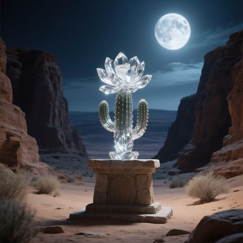 A Moonlit Desert Canyon, A Stone Altar Topped With A Large Crystal Glass Sculpture Of Cacti