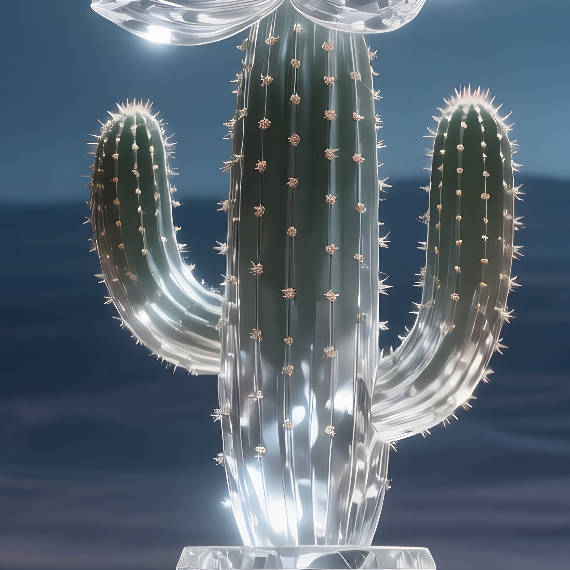 A Moonlit Desert Canyon, A Stone Altar Topped With A Large Crystal Glass Sculpture Of Cacti - Full Resolution Quality Preview