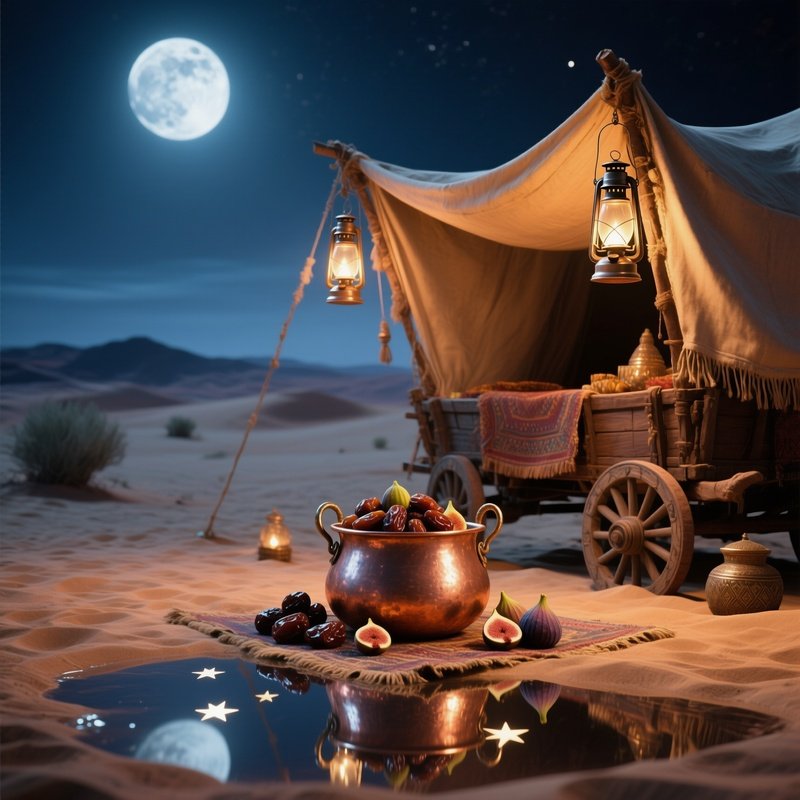A Moonlit Desert Caravan Altar Beside A Sand‑Covered Wagon, Lanterns Hanging From Canvas, A Copper