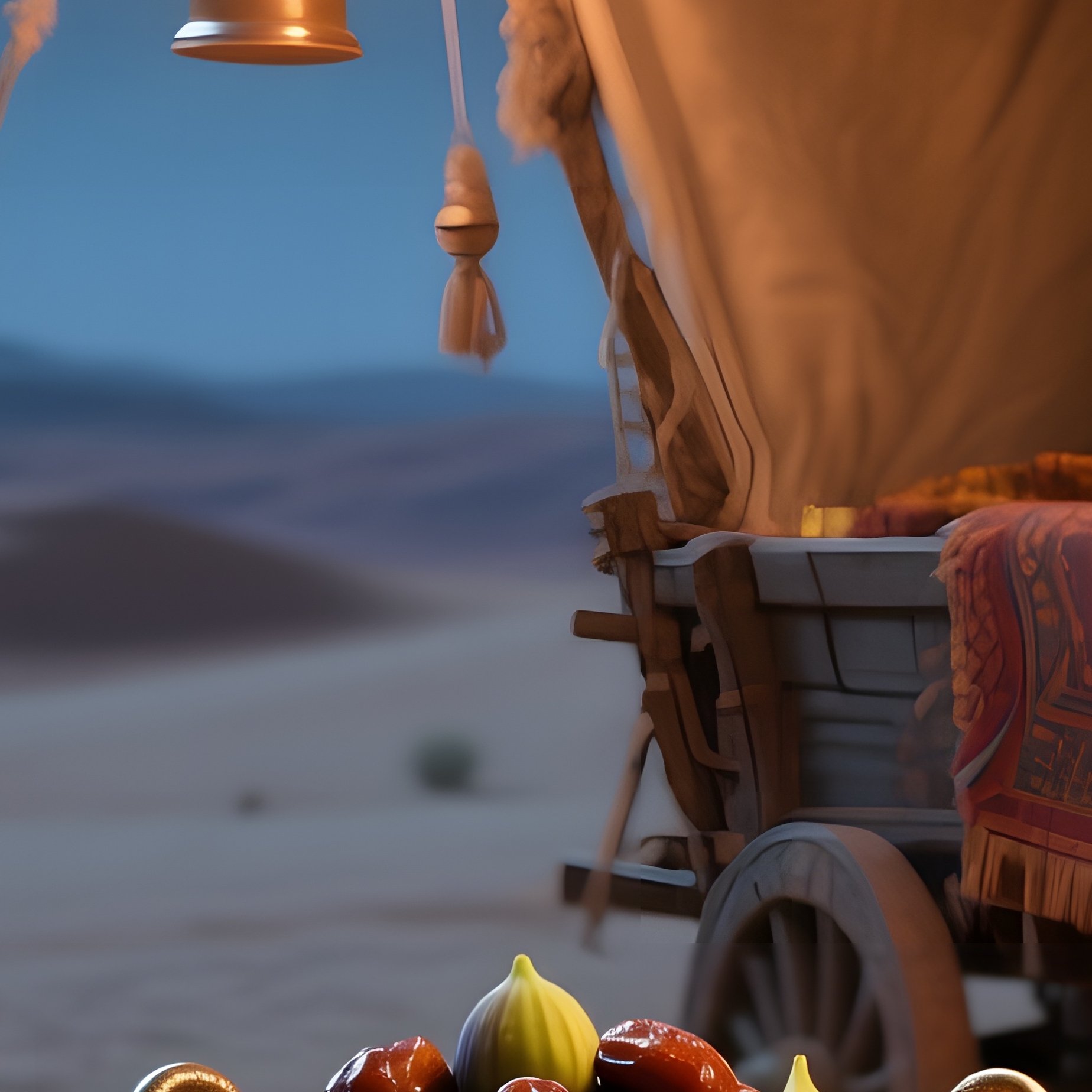 A Moonlit Desert Caravan Altar Beside A Sand‑Covered Wagon, Lanterns Hanging From Canvas, A Copper - Full Resolution Quality Preview