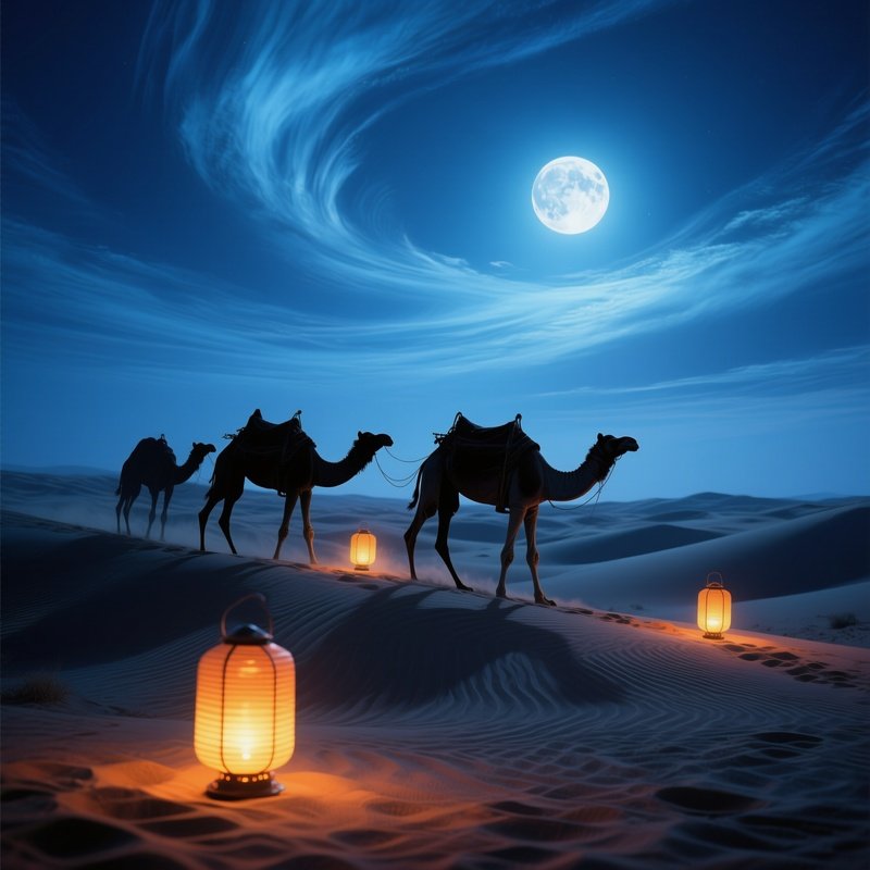 A Moonlit Desert Caravan Crossing Dunes, Camels Silhouetted Against A Sky Of Swirling Indigo And