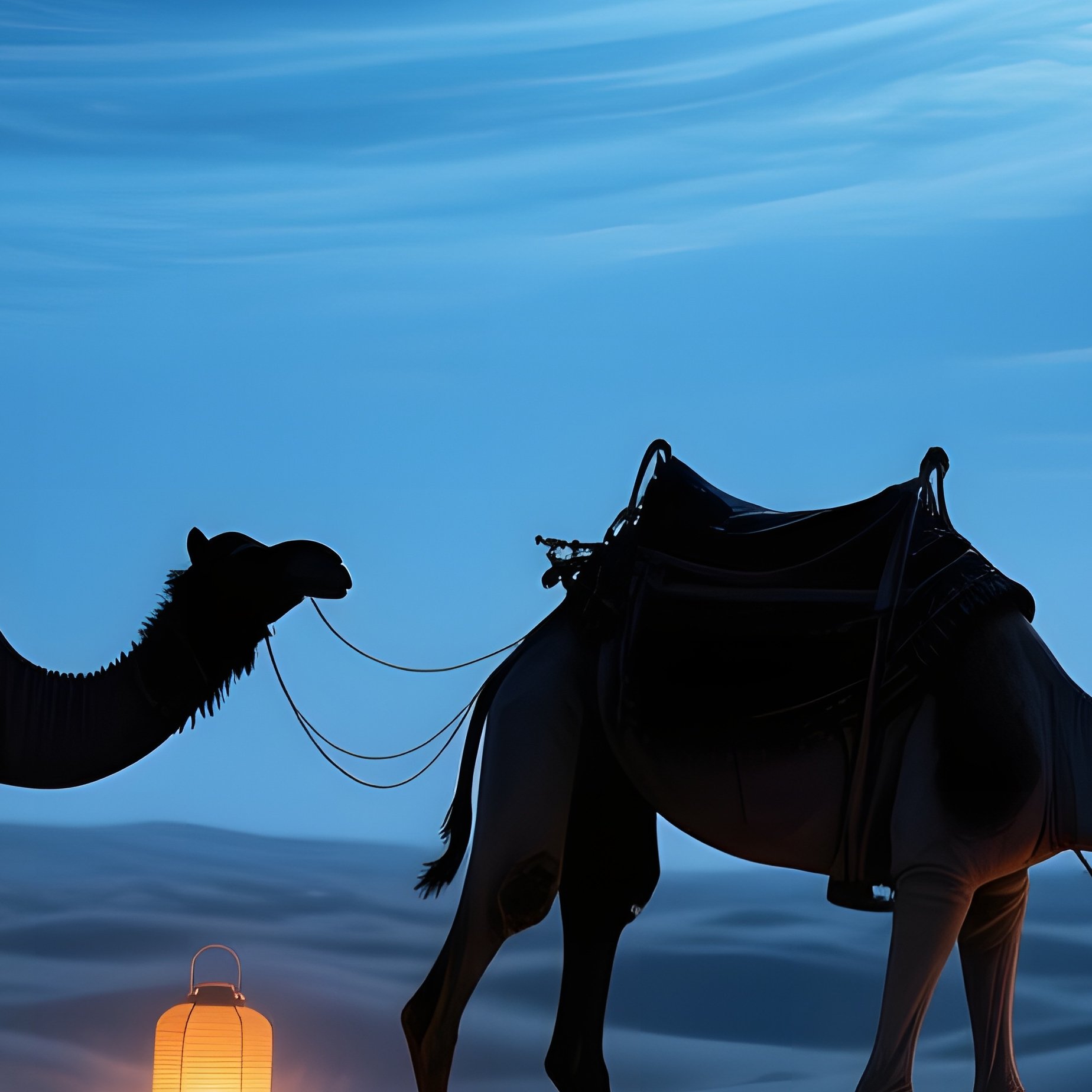 A Moonlit Desert Caravan Crossing Dunes, Camels Silhouetted Against A Sky Of Swirling Indigo And - Full Resolution Quality Preview