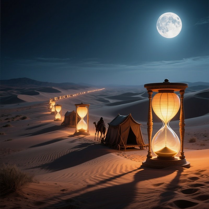 A Moonlit Desert Caravan Route, Sand Dunes Illuminated By Massive Lanterns Shaped Like Ancient