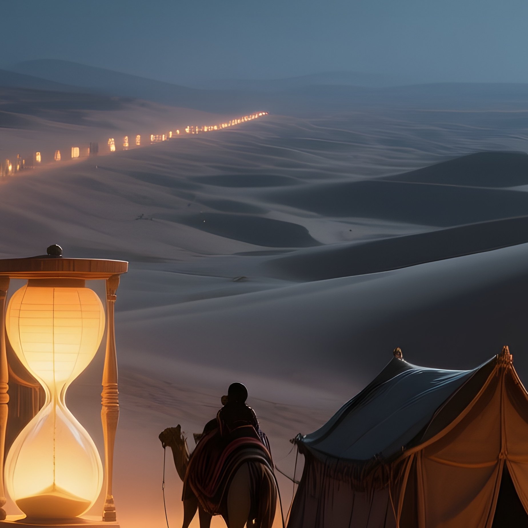 A Moonlit Desert Caravan Route, Sand Dunes Illuminated By Massive Lanterns Shaped Like Ancient - Full Resolution Quality Preview